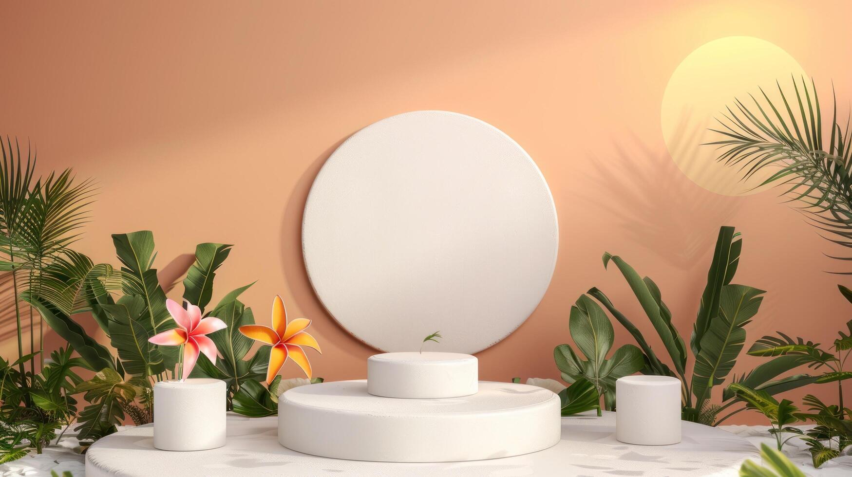 3d podium stand for product presentation with summer concept. Pedestal platform for cosmetic advertising photo