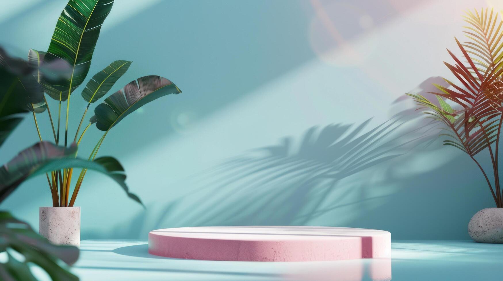 3d podium stand for product presentation with summer concept. Pedestal platform for cosmetic advertising photo