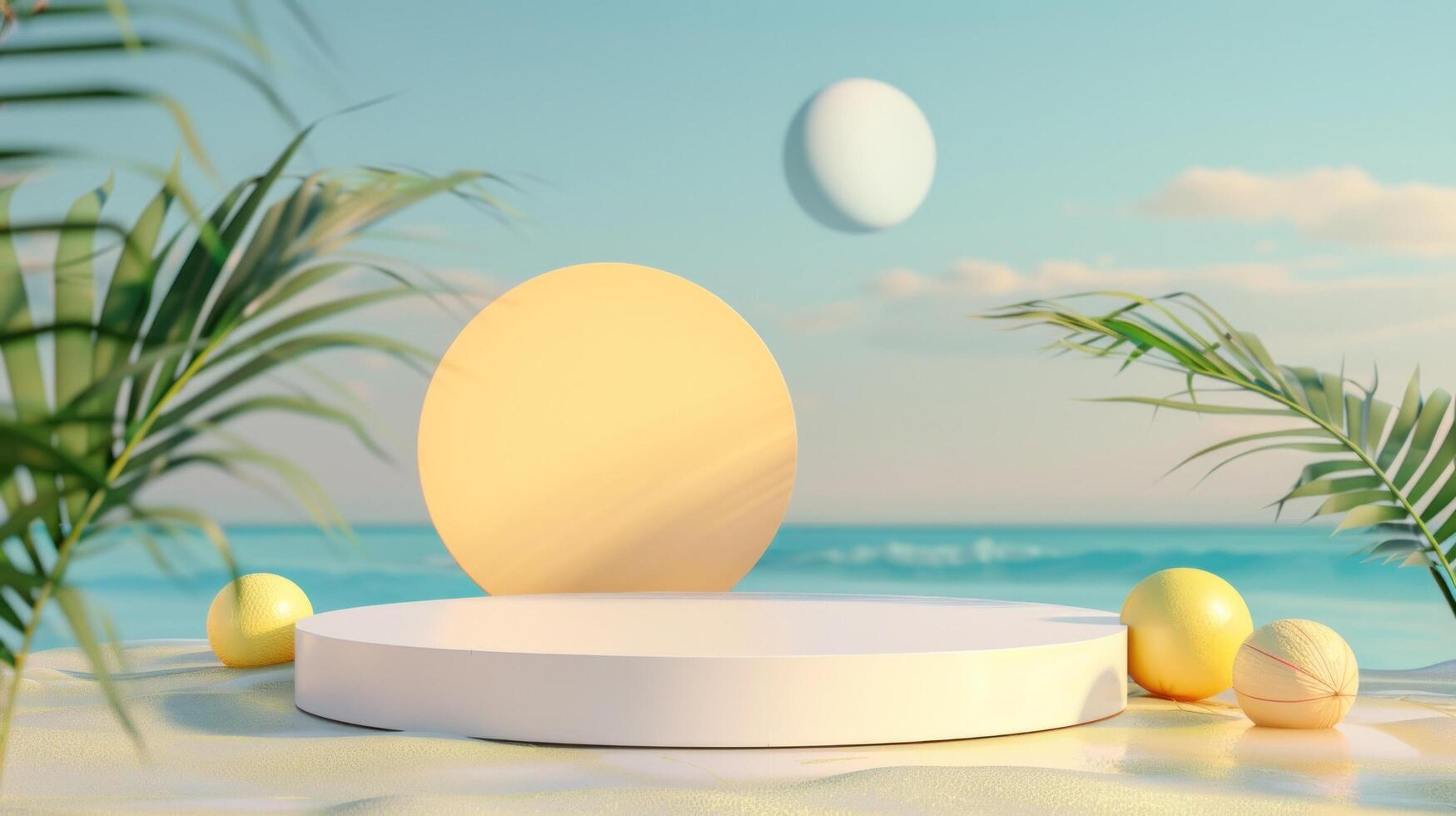 3d podium stand for product presentation with summer concept. Pedestal platform for cosmetic advertising photo