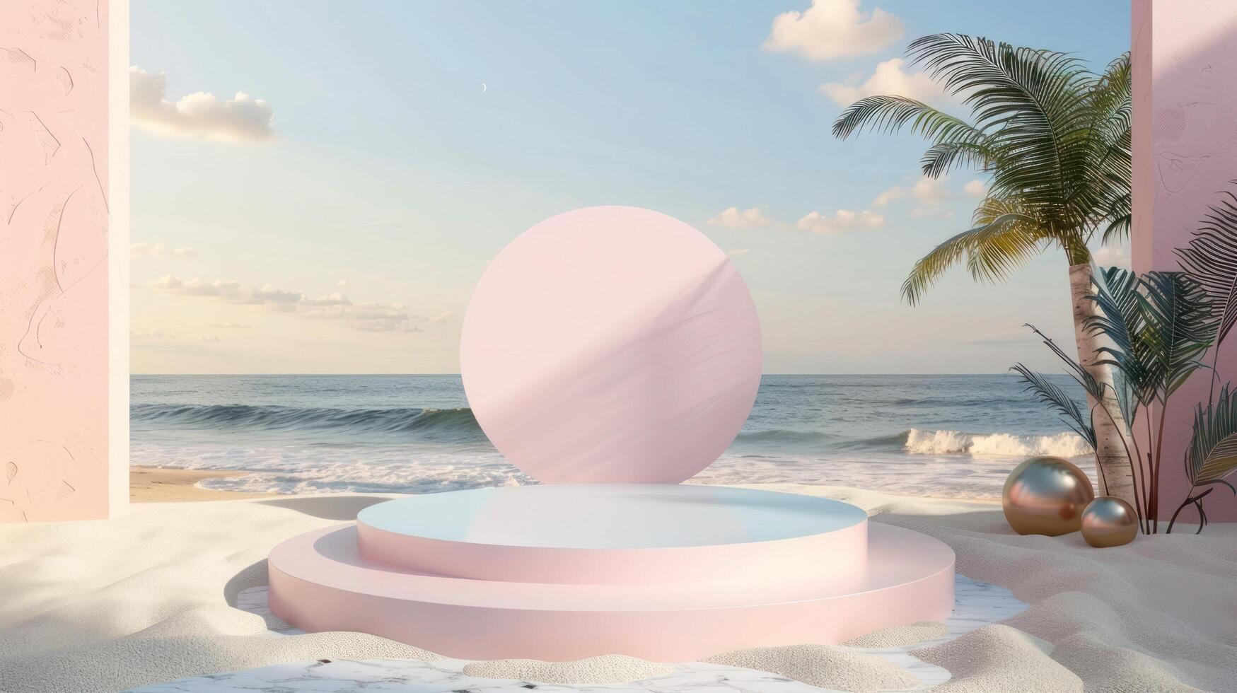 3d podium stand for product presentation with summer concept. Pedestal platform for cosmetic advertising photo