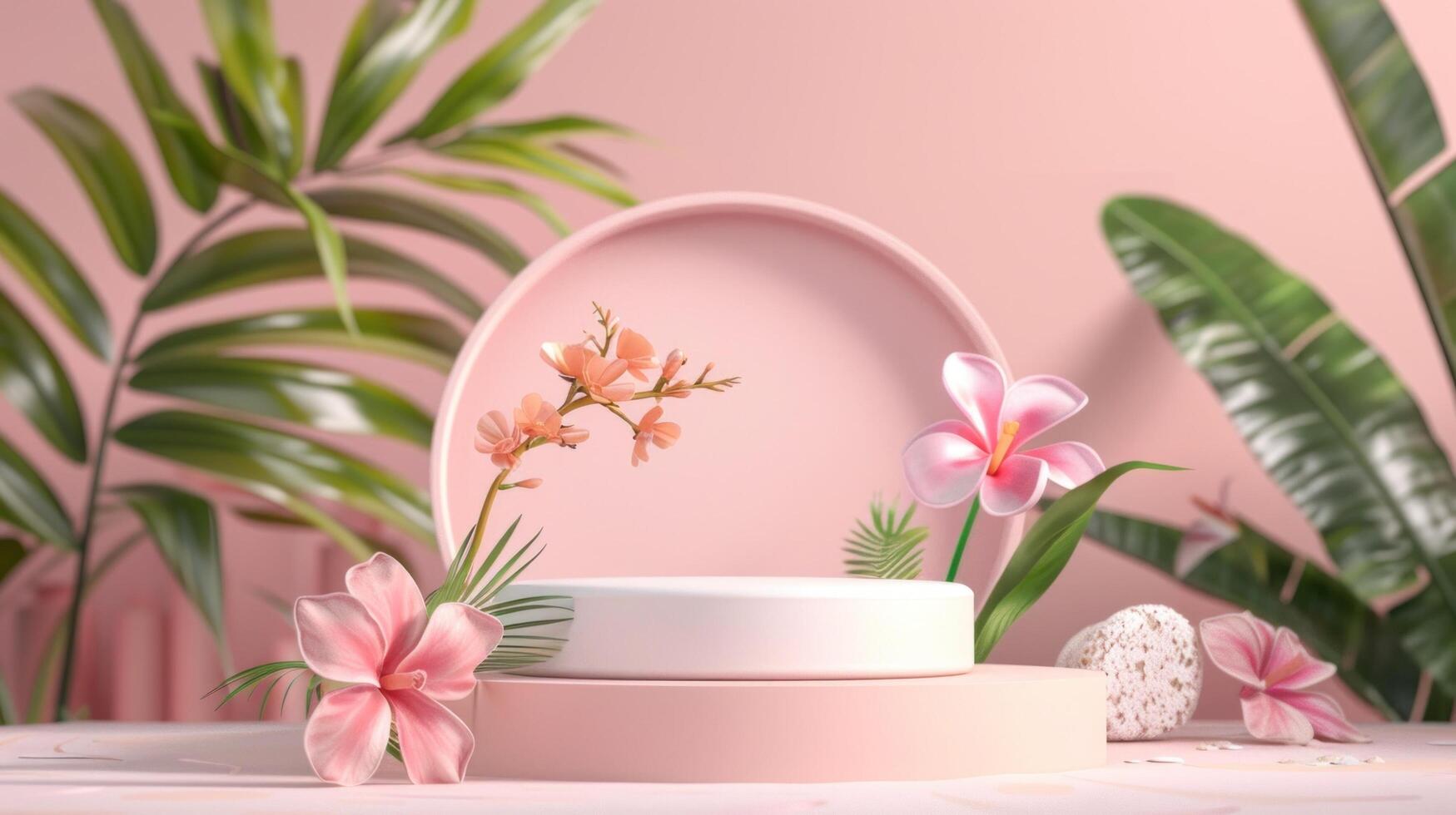 3d podium stand for product presentation with summer concept. Pedestal platform for cosmetic advertising photo