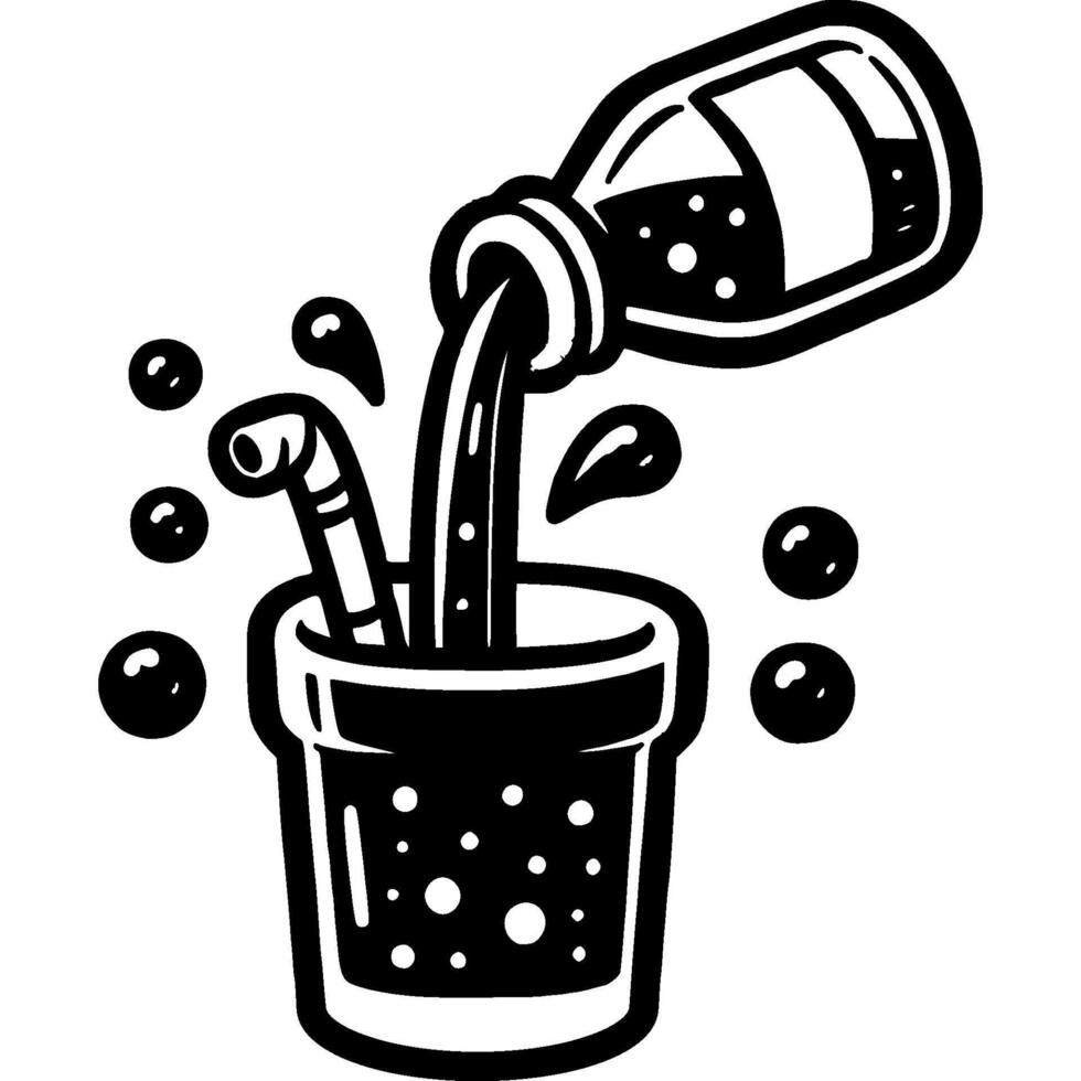 Thick sweet syrup is poured into glass with cocktail in monochrome. Cool summer drink. Simple minimalistic in black ink drawing on white background vector