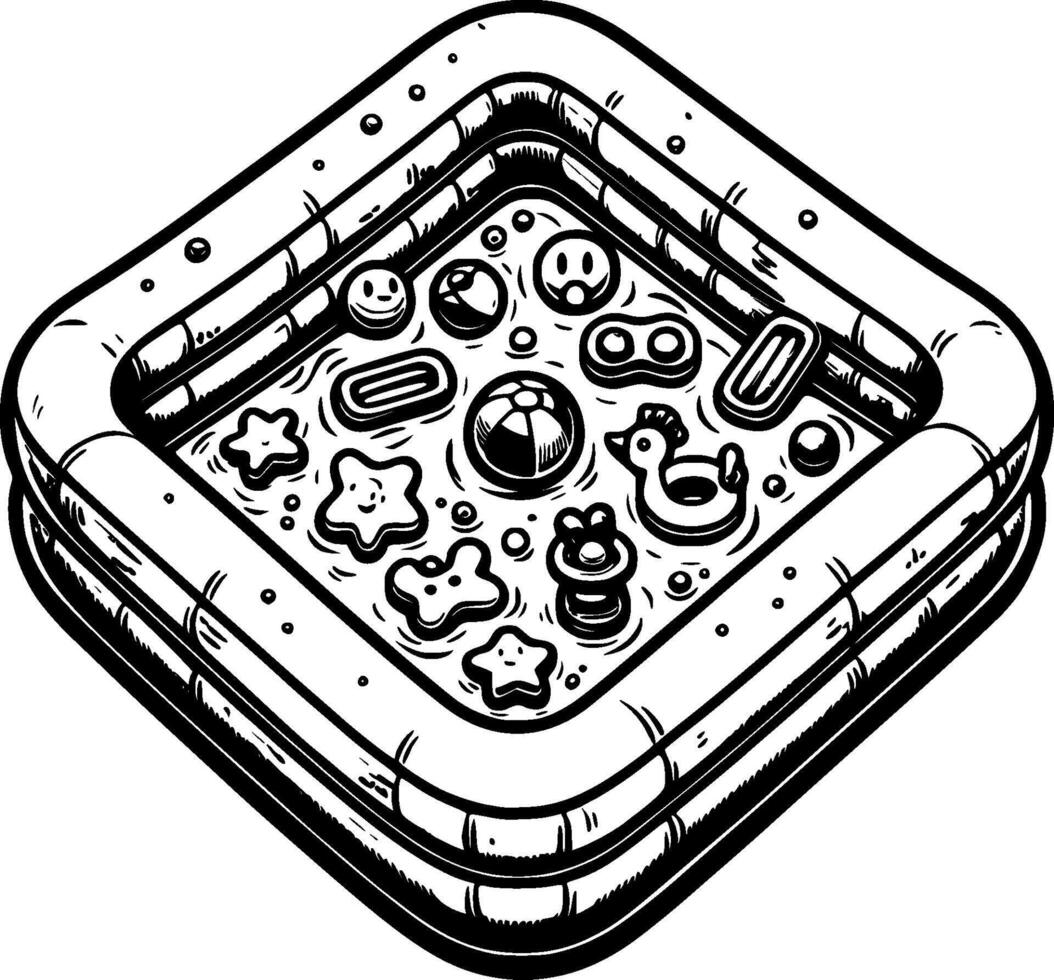 Square inflatable pool filled with rubber toys in monochrome. Bathing container in summer. Simple minimalistic in black ink drawing on white background vector