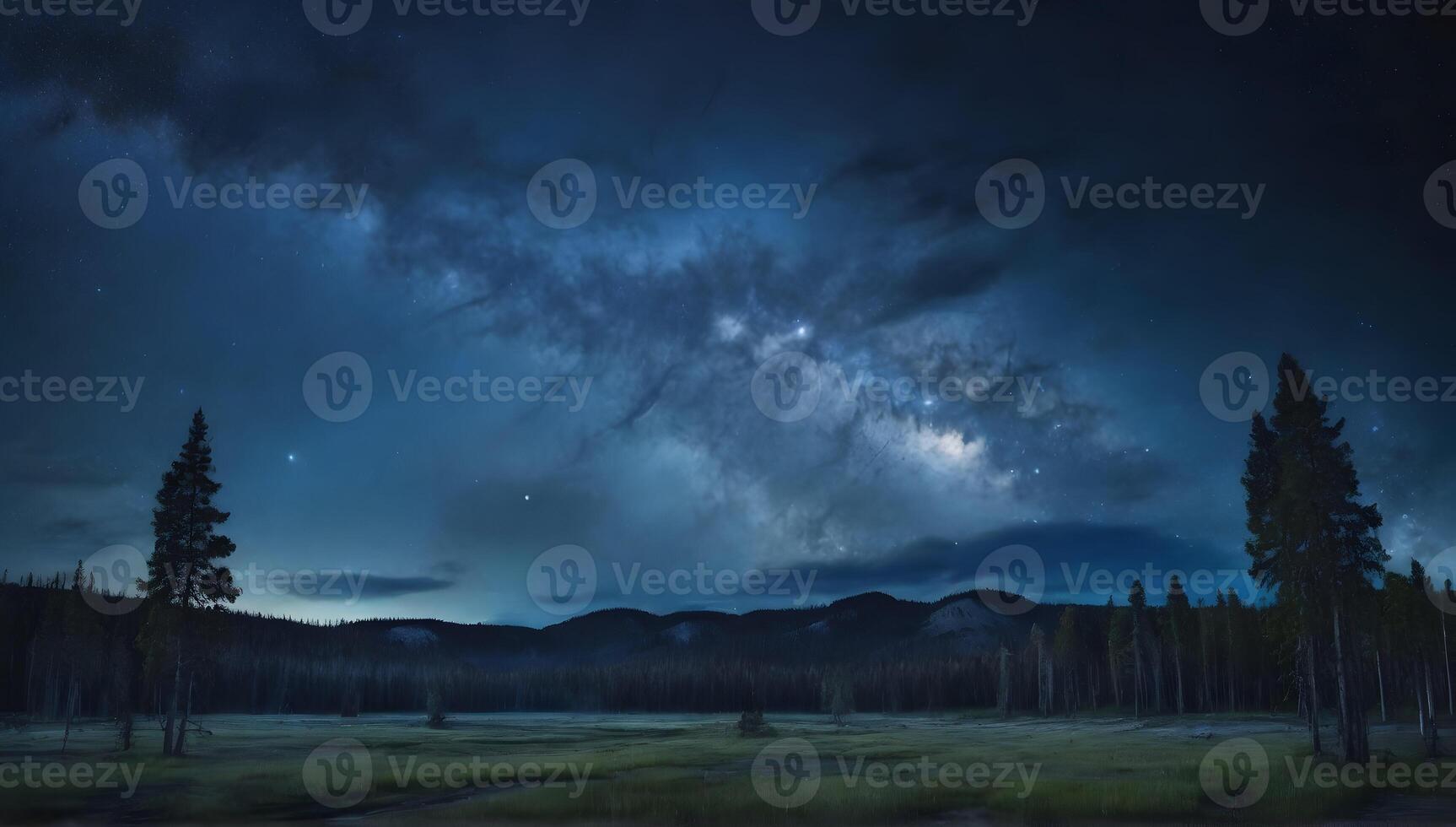 Clouds over forest at night with blue dark night sky with many stars above field of trees. Milky Way cosmos background photo