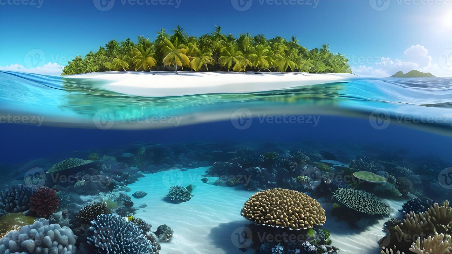 Tropical island with white sandy beaches and a diverse coral reef ecosystem, divided by the waterline. photo