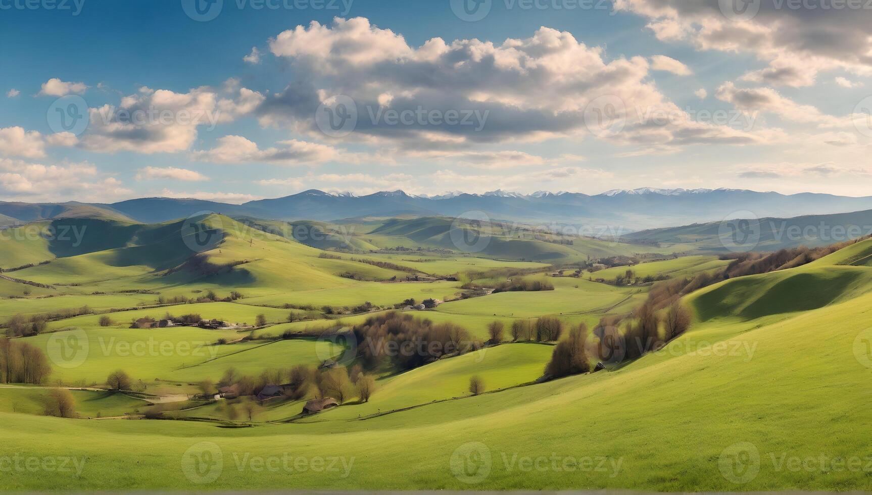 Beautiful panoramic views. Sunny day. Beautiful spring view in the mountains. Grassy fields and hills. photo