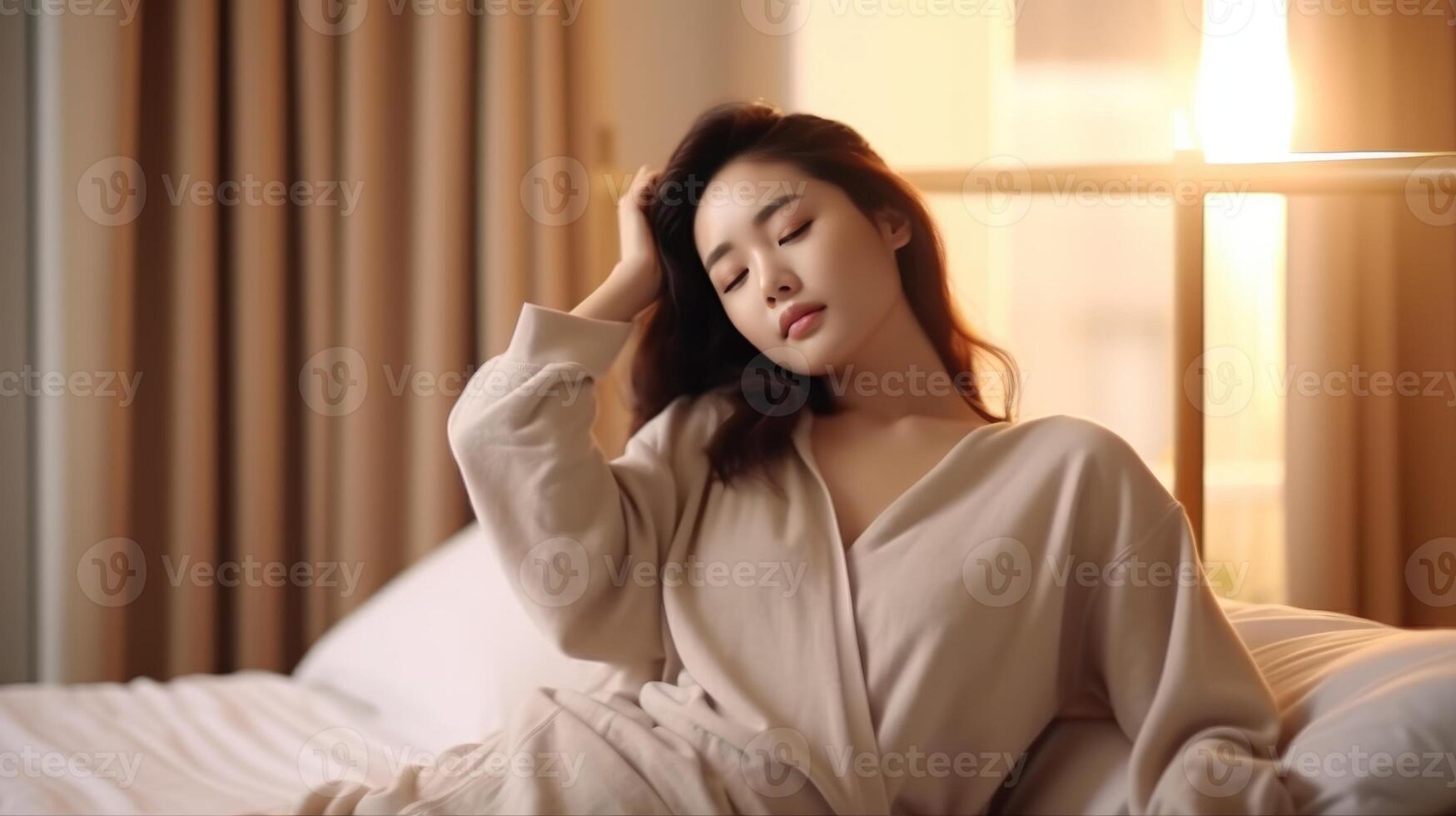 Beautiful young asian woman wake up in the morning photo