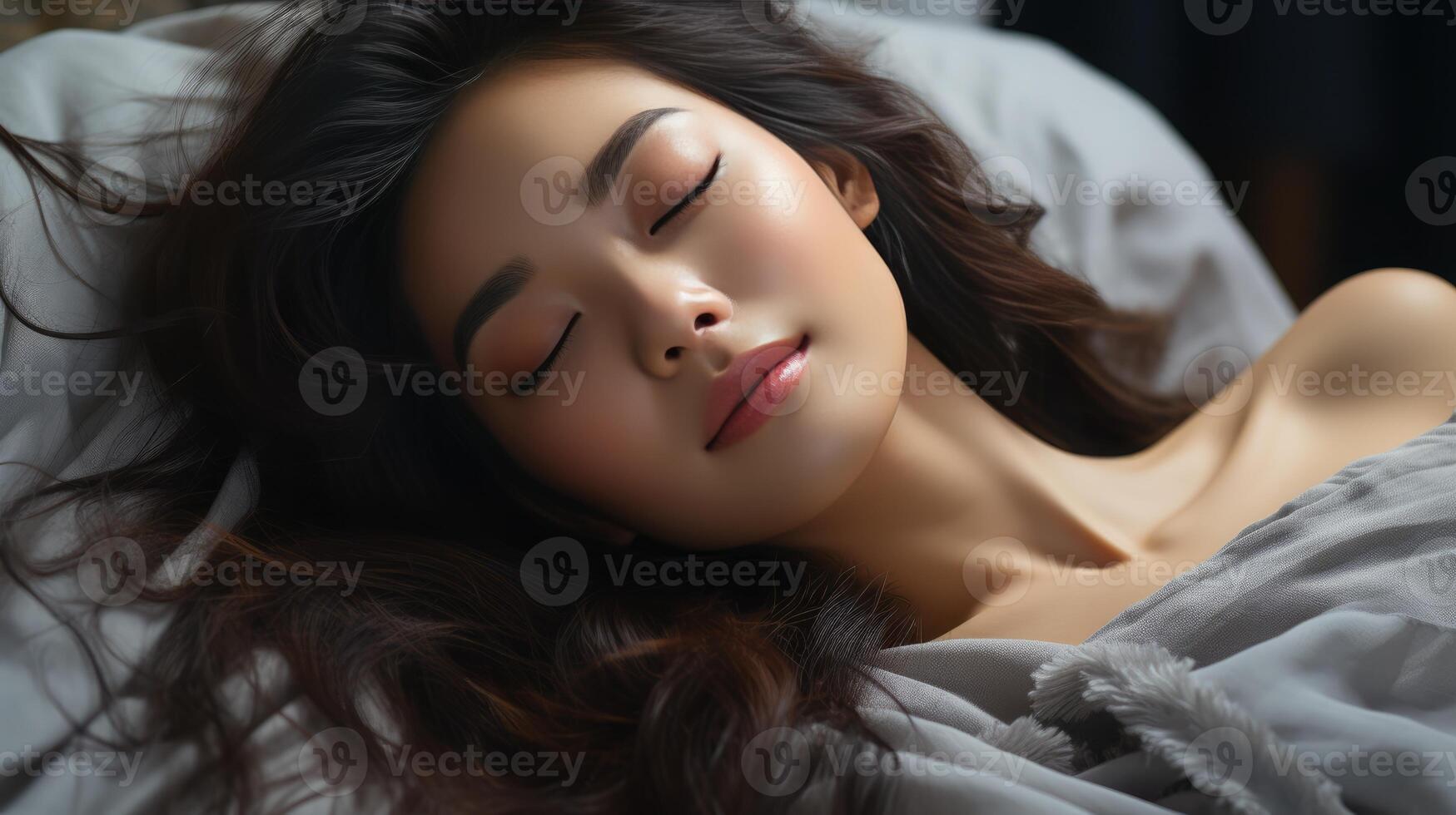 Beautiful young asian woman wake up in the morning photo