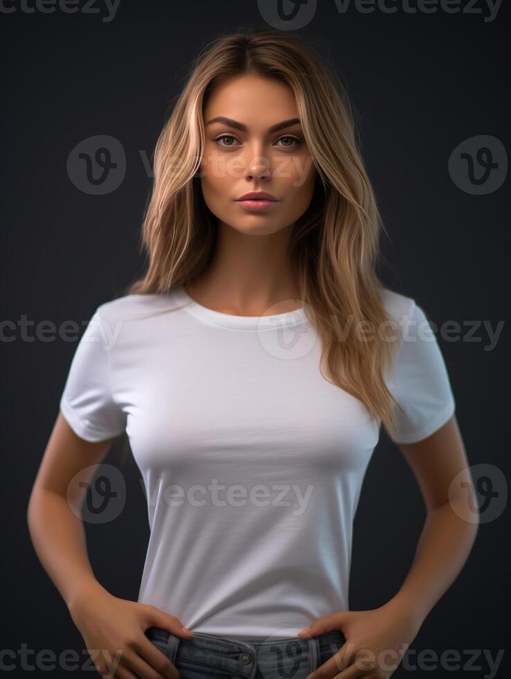 Beautiful young woman in blank white t-shirt mock up. photo