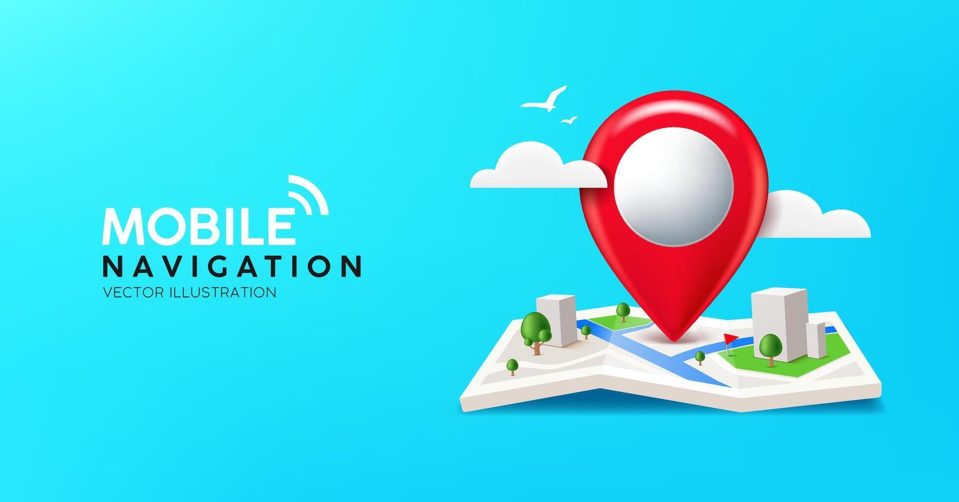Folded maps mobile navigation, red pin location icon on building city street roads banner design on blue background vector