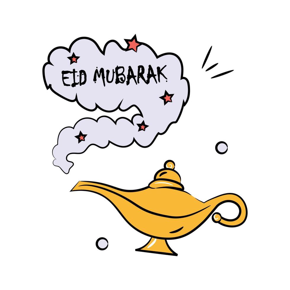 Eid mubarak greeting with aladdin lamp, doodle icon of aladdin lamp vector