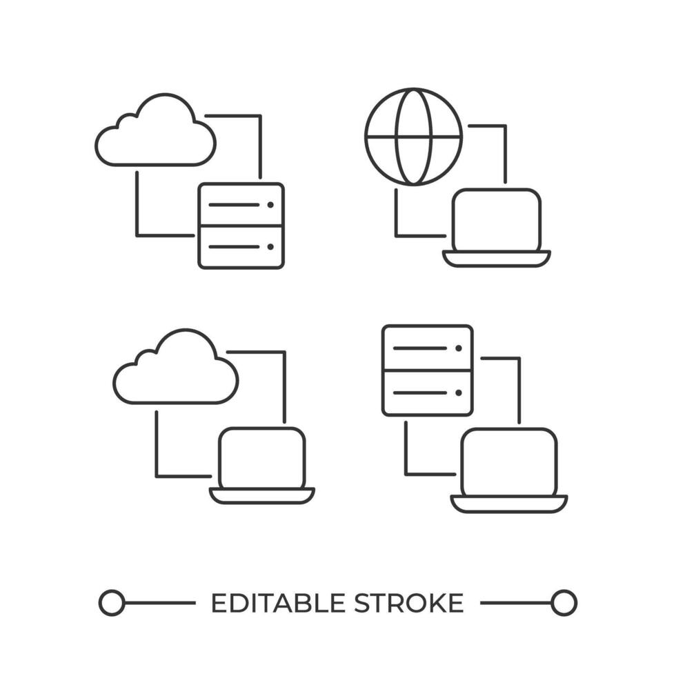 Computer connection linear icons set. Internet access. Cloud computing technology. Server connectivity. Customizable thin line symbols. Isolated outline illustrations. Editable stroke vector
