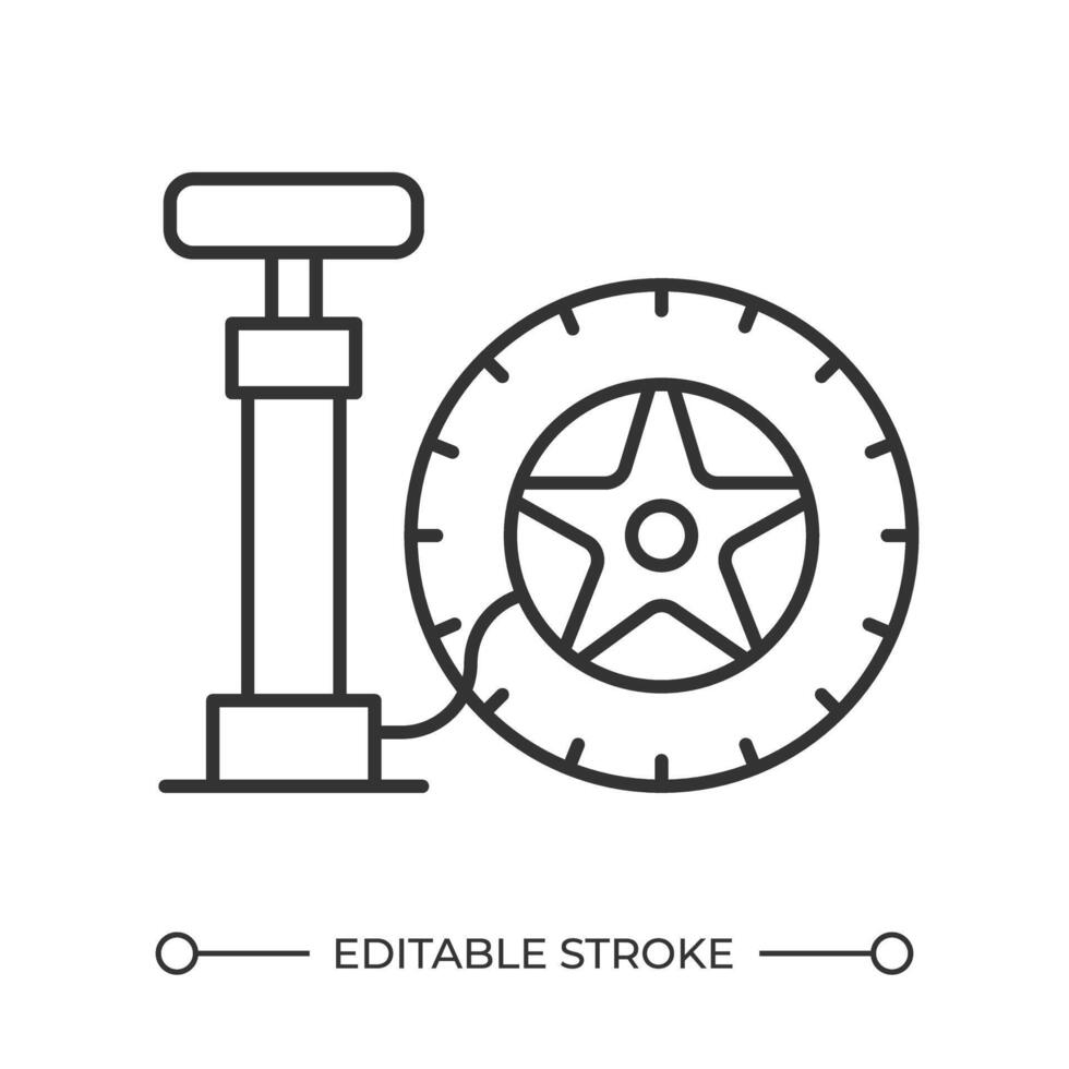 Tire pump linear icon. Car tire and hand pump. Vehicle maintenance service. Tire pressure adjustment. Thin line illustration. Contour symbol. outline drawing. Editable stroke vector