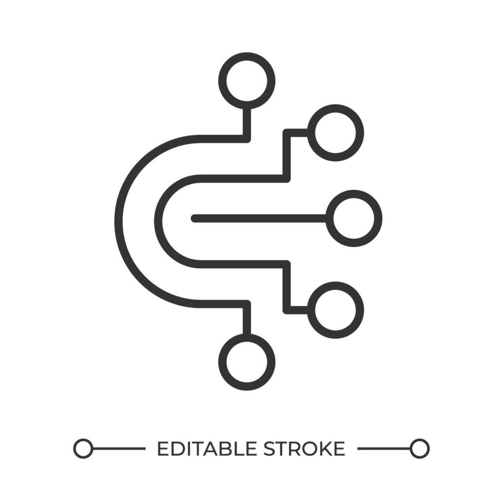 Circuit board path linear icon. Network nodes. Information technology. Digital network. Computer engineering. Thin line illustration. Contour symbol. outline drawing. Editable stroke vector