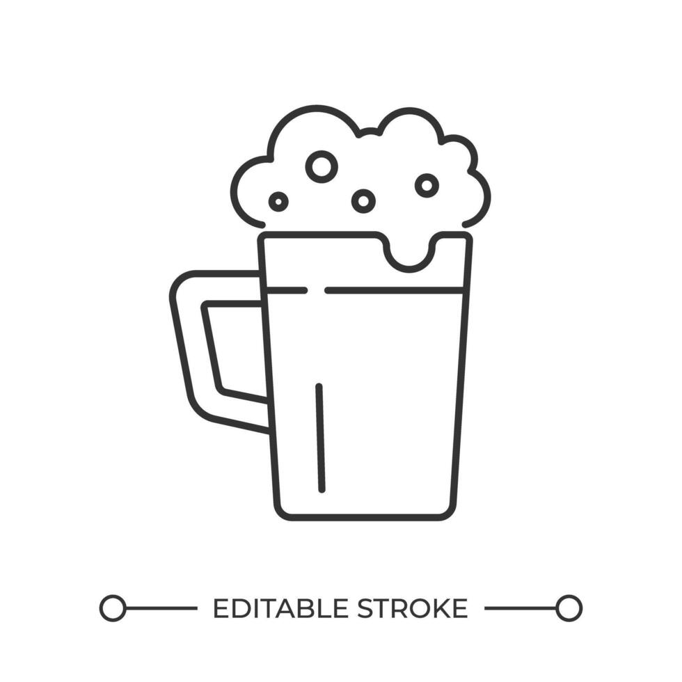 Beer mug linear icon. Frothy drink. Alcoholic drink. Happy hour. Refreshing craft beer. Drinking culture. Thin line illustration. Contour symbol. outline drawing. Editable stroke vector