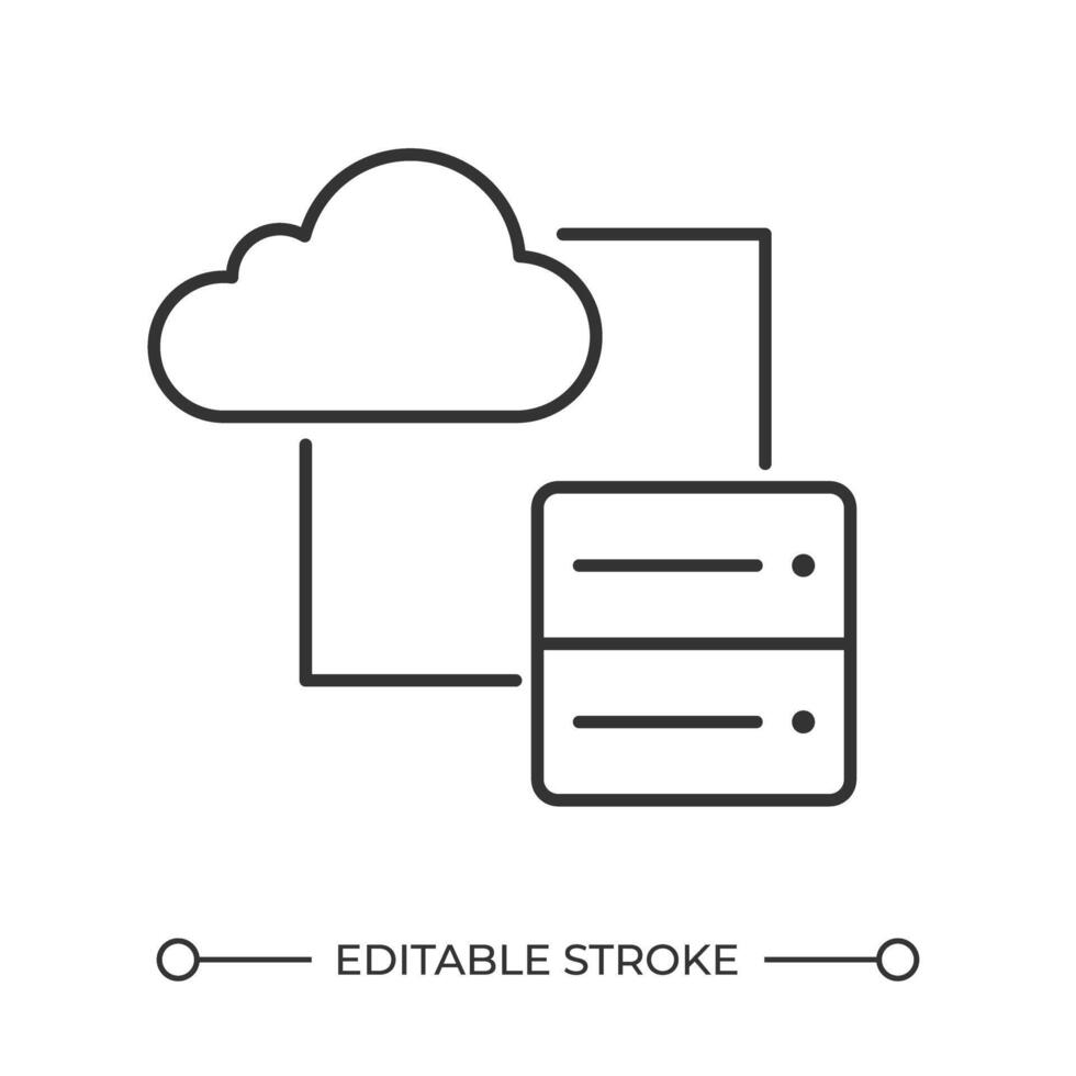Cloud computing linear icon. Data storage. Cloud connected to server. Internet technology. Data center. Thin line illustration. Contour symbol. outline drawing. Editable stroke vector