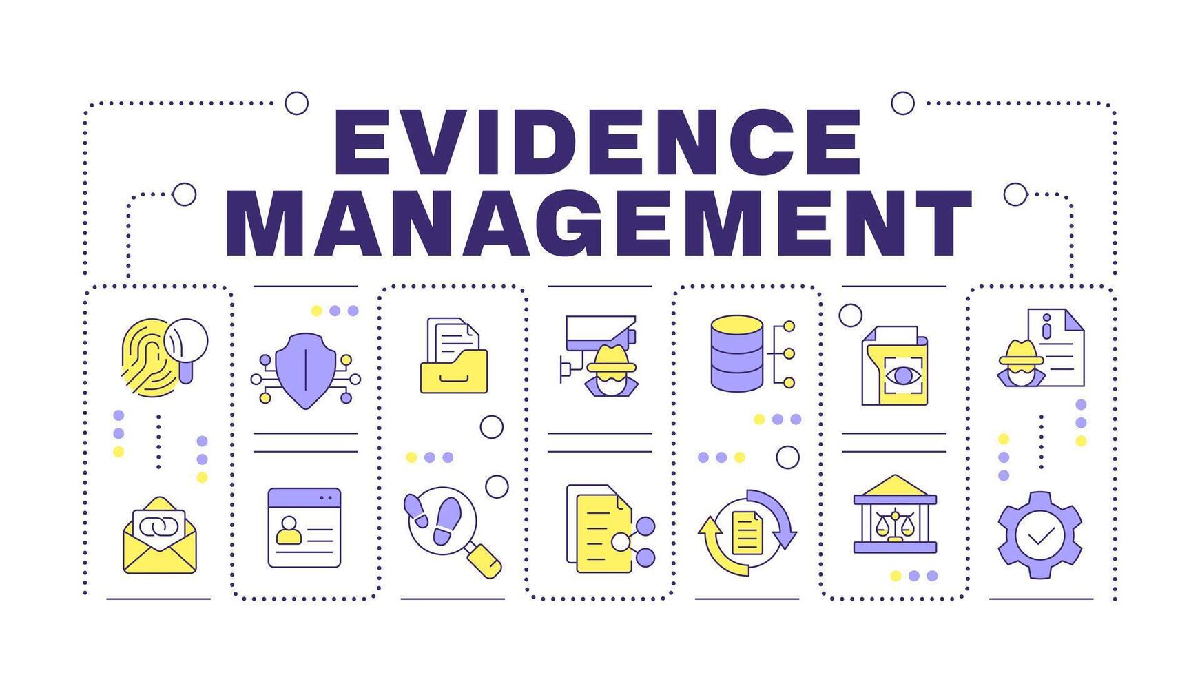 Evidence management word concept isolated on white. Crime investigation. Protocols regulation. Creative illustration banner surrounded by editable line colorful icons vector