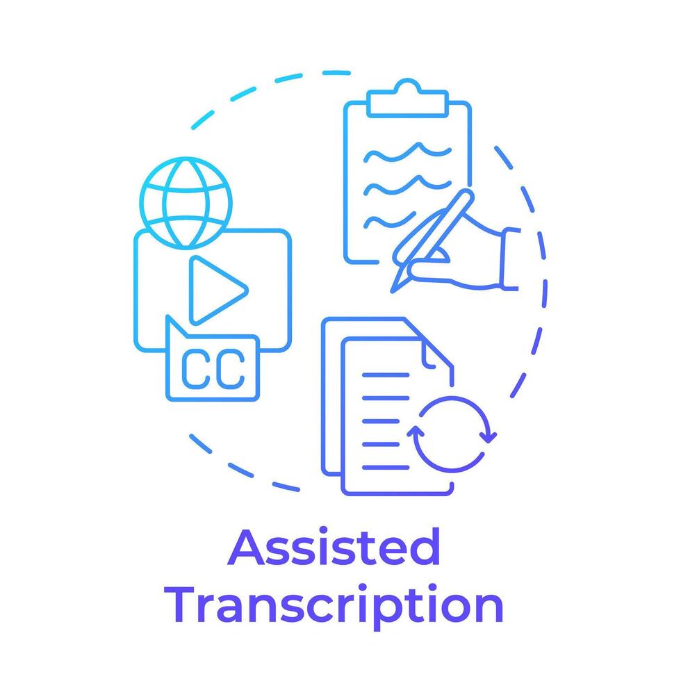 Assisted transcription blue gradient concept icon. Voice to text. Speech recognition, software solution. Round shape line illustration. Abstract idea. Graphic design. Easy to use in infographic vector