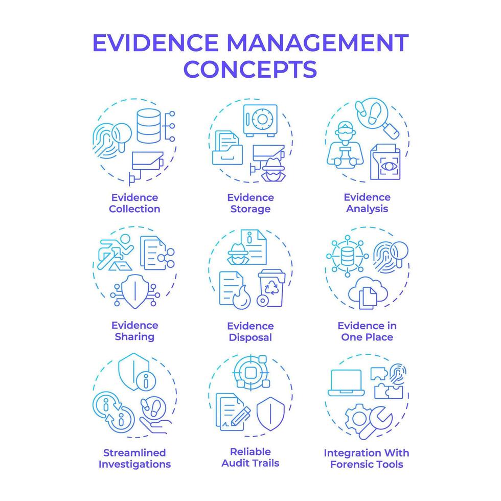 Evidence management blue gradient concept icons. Forensic analysis, judicial system. Technological advancement. Icon pack. Round shape illustrations for infographic. Abstract idea vector