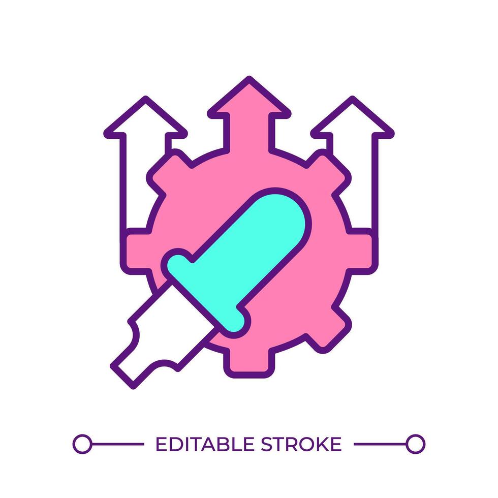 Drug manufacturing monitoring RGB color icon. Pharmaceutical products, quality control. Pill production, chemical compounds. Isolated illustration. Simple filled line drawing. Editable stroke vector