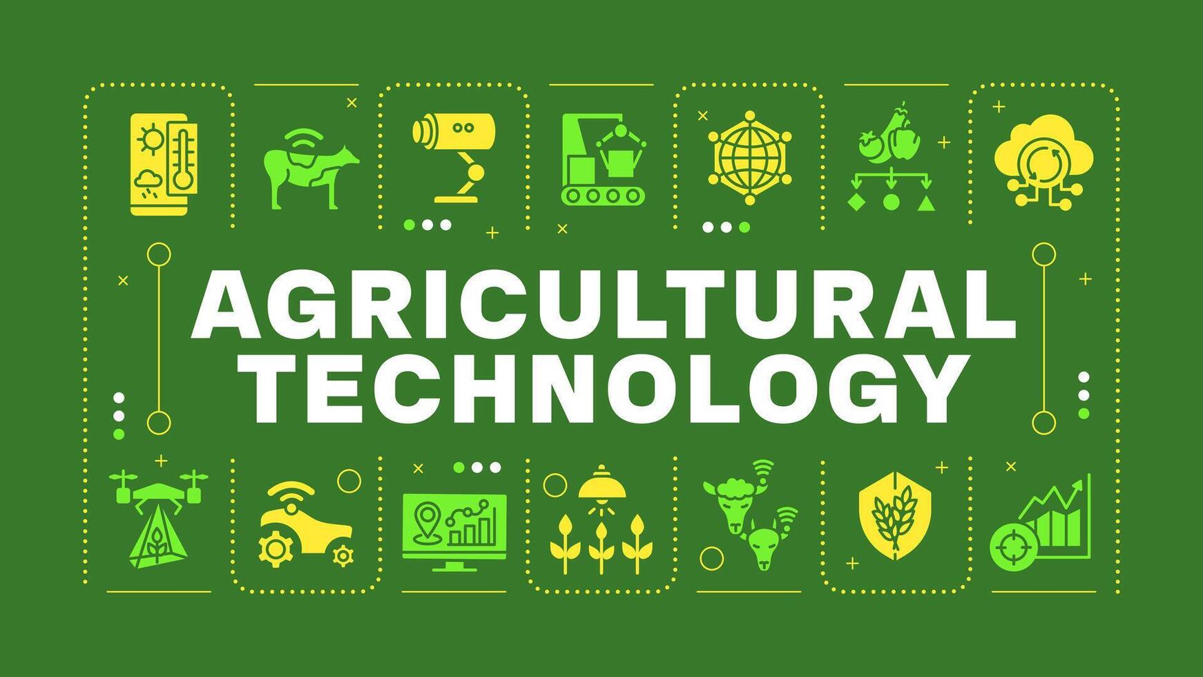 Agricultural technology green word concept. Farm technology, smart farming. Precision planting. Visual communication. Artwith lettering text, editable glyph icons vector