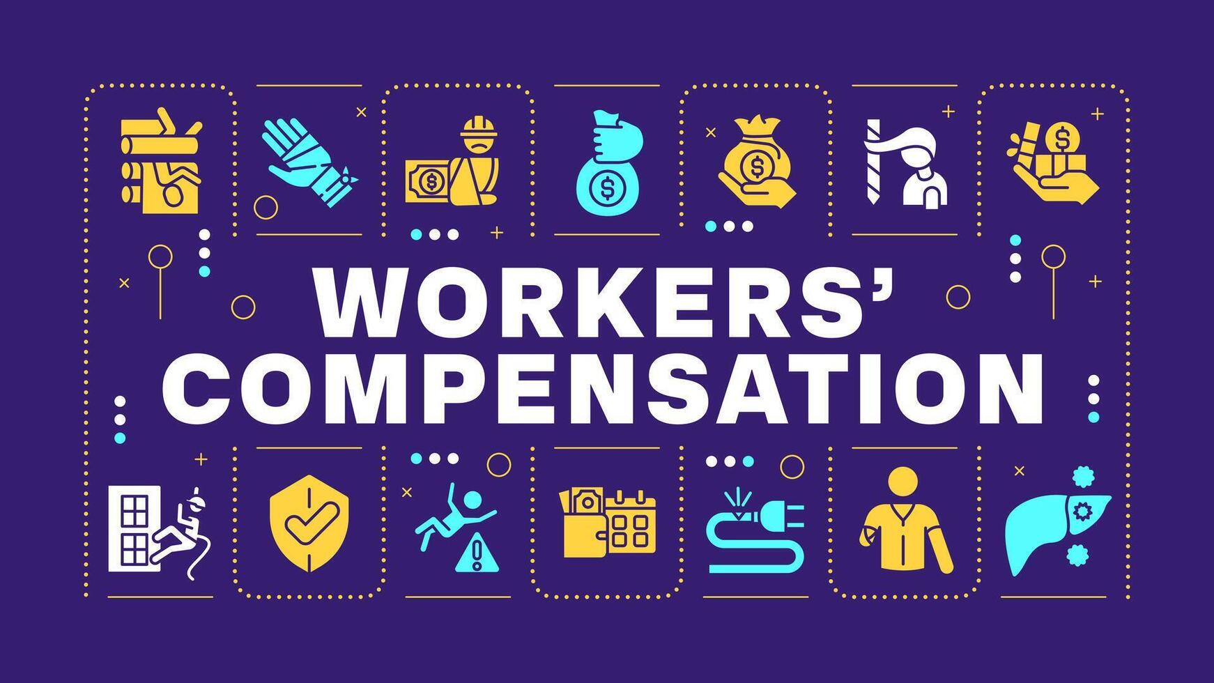 Workers compensation yellow word concept. Business insurance, compensation. Employees safeguard. Visual communication. Artwith lettering text, editable glyph icons vector