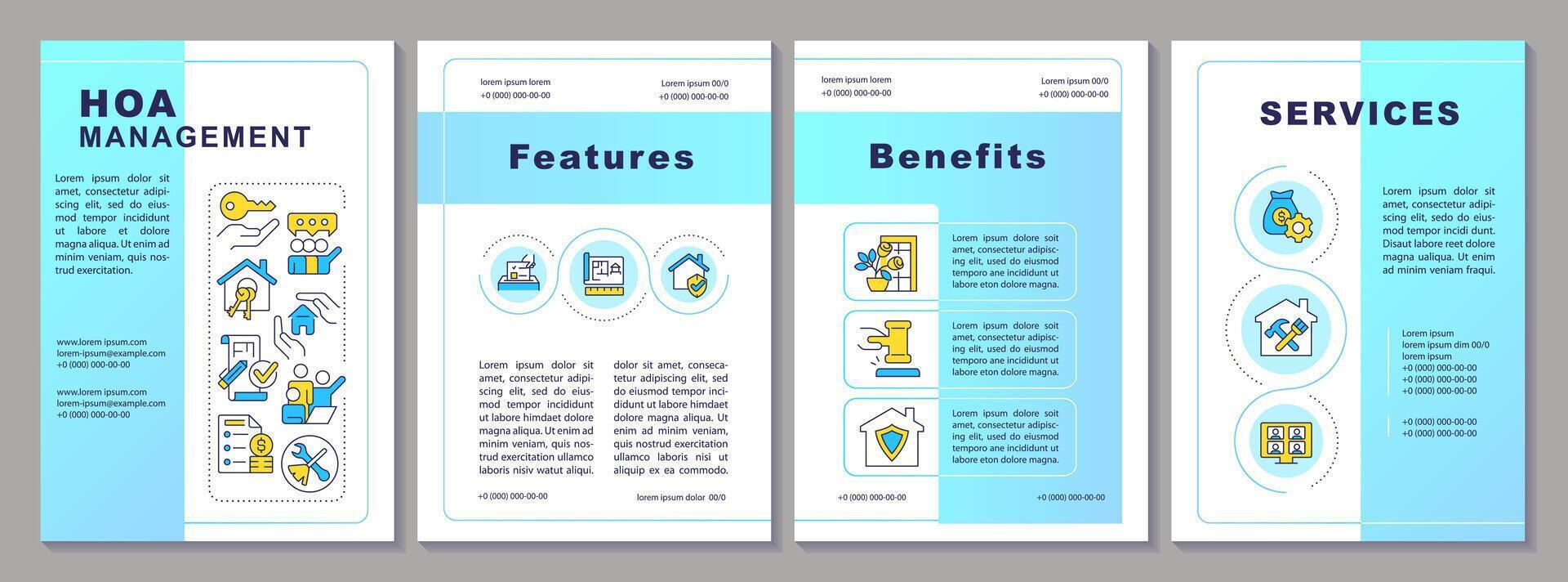 HOA management brochure template. Property owners association. Leaflet design with linear icons. Editable 4 layouts for presentation, annual reports vector