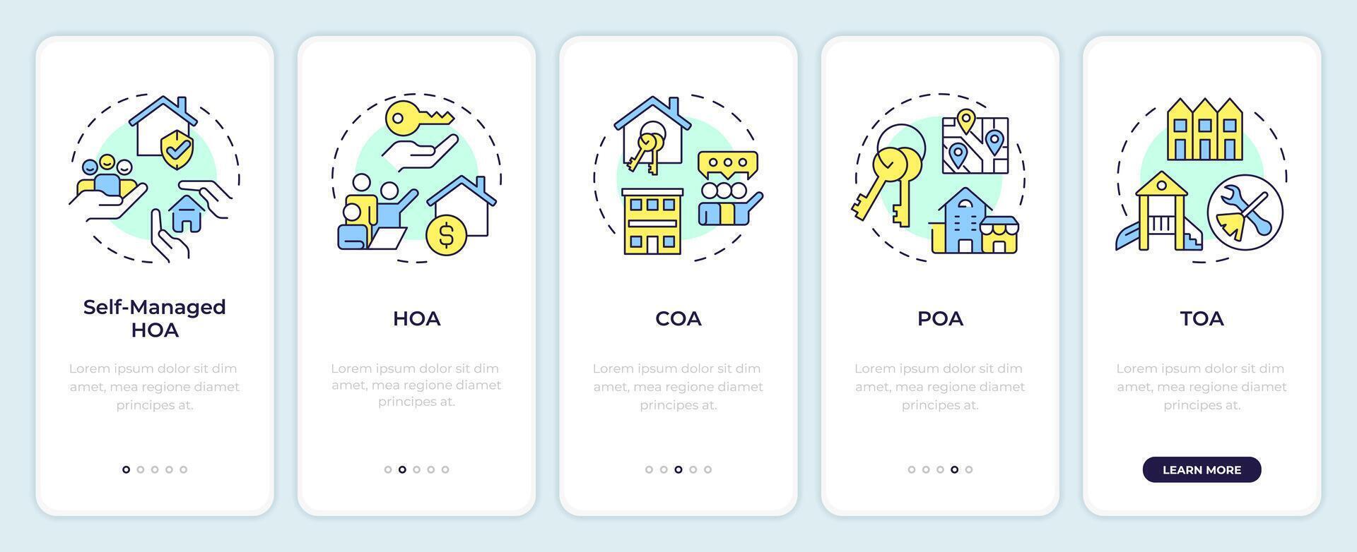 Owners association types onboarding mobile app screen. Walkthrough 5 steps editable graphic instructions with linear concepts. UI, UX, GUI template vector