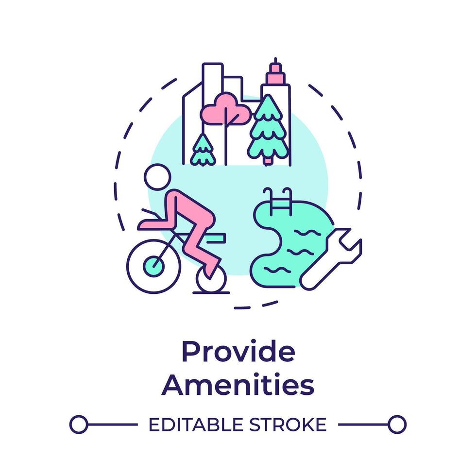 Provide amenities multi color concept icon. Recreation sports, common areas. Outdoor activities. Round shape line illustration. Abstract idea. Graphic design. Easy to use in infographic, presentation vector