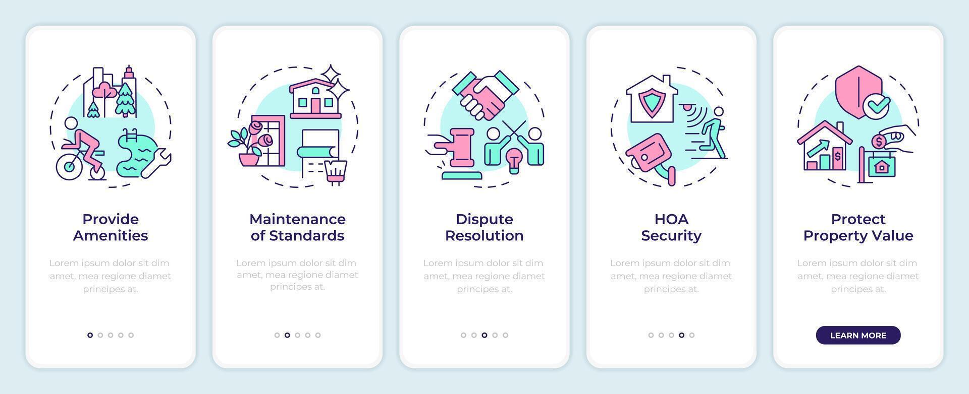 HOA pros onboarding mobile app screen. Property management. Walkthrough 5 steps editable graphic instructions with linear concepts. UI, UX, GUI template vector