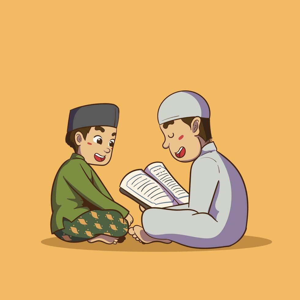 A boy is memorizing the Koran with his teacher cartoon vector