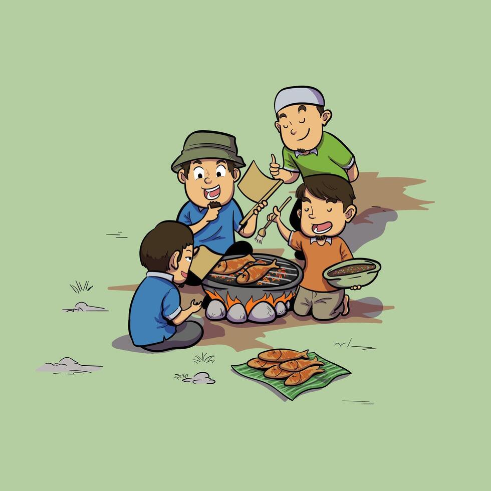 friendship group grilled fish cartoon vector