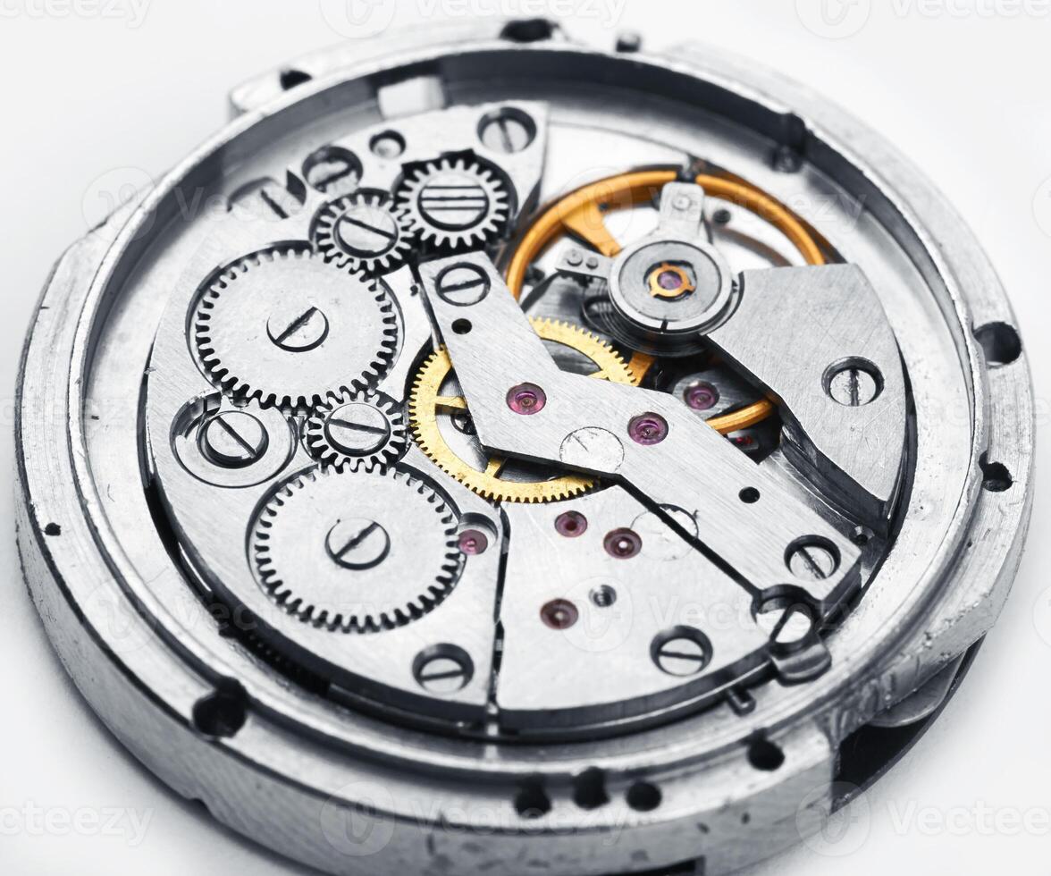 Clock mechanism on white photo