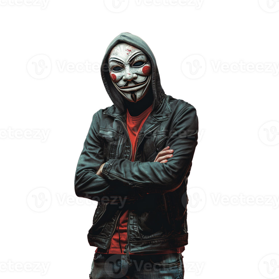Portrait of young man with hoodie and mask on transparent background png