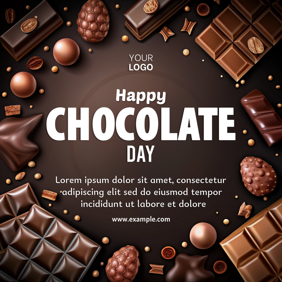 A chocolate themed poster with a variety of chocolate treats and a happy message psd