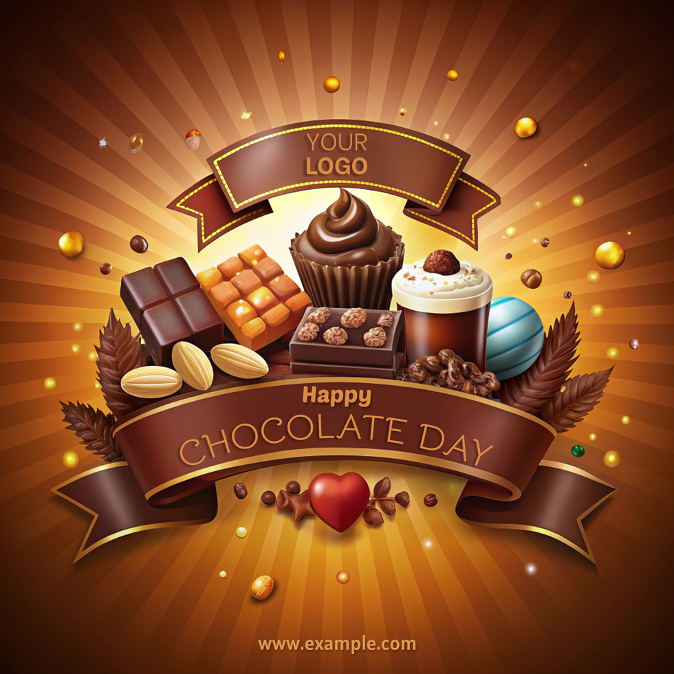 A chocolate themed poster with a banner that says Happy Chocolate Day psd