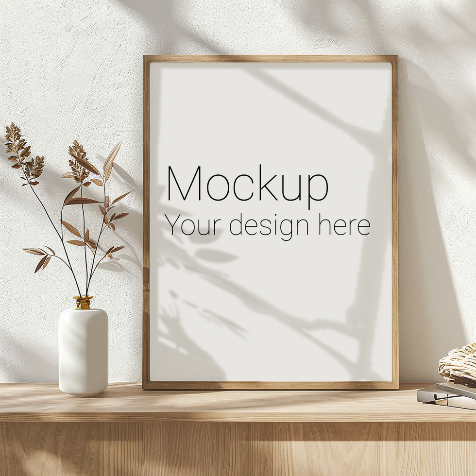 Mockup of beige frame for poster or picture on table with potted flower psd