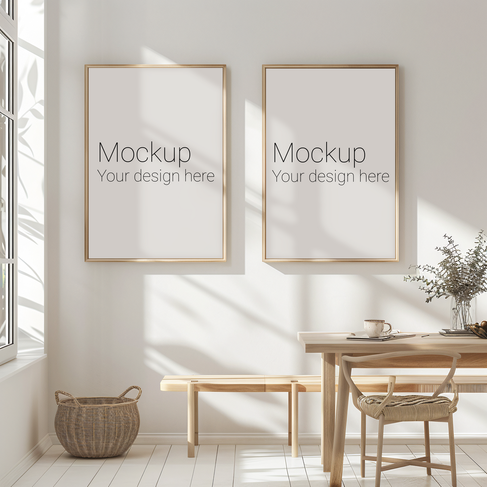 Mockup of two beige frames for poster or picture on wall in living room with table psd