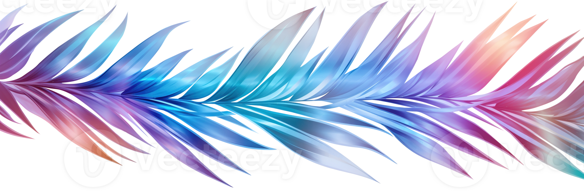Holographic palm leaf on transparent background. Vibrant, iridescent color gradient. Divider, separating graphic design element. Can be used as footer or header. png