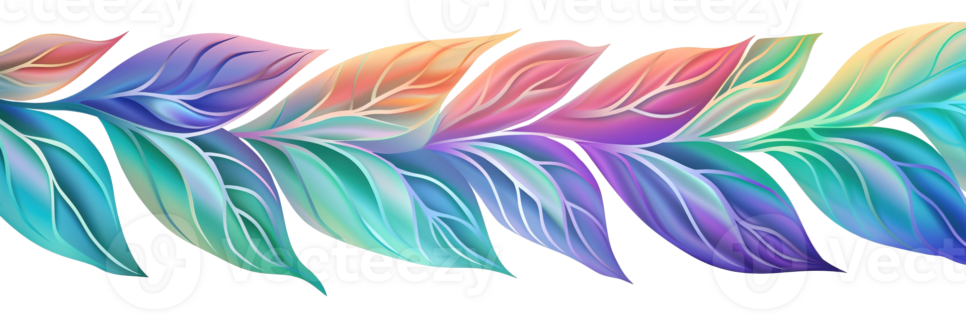 Holographic plants leaves, arranged in one line, on transparent background. Vibrant, iridescent color. Divider, separating graphic design element. Can be used as footer or header. png