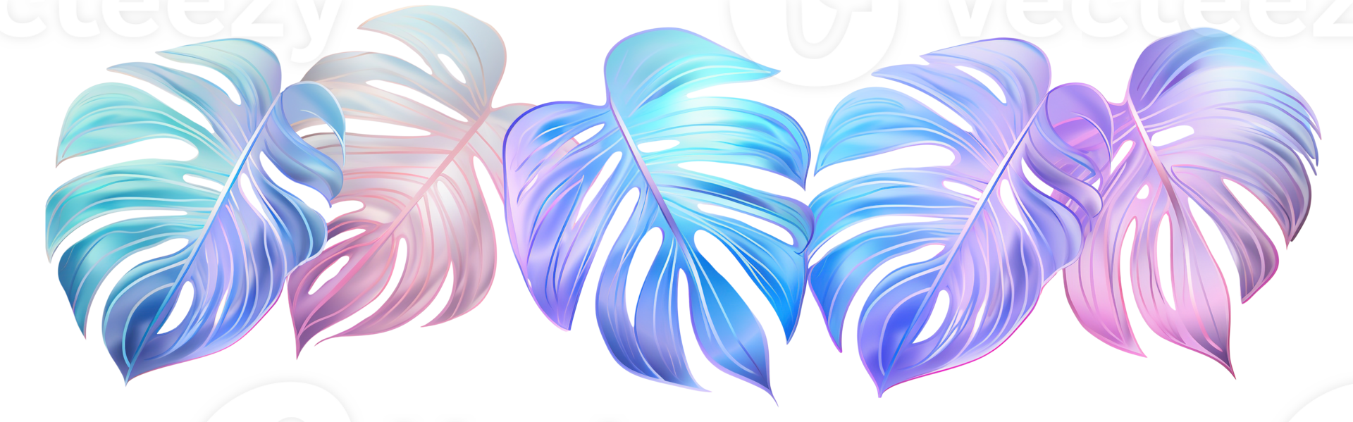 Holographic Monstera leaves, arranged in one line, on transparent background. Vibrant, iridescent color. Divider, separating graphic design element. Can be used as footer or header. png