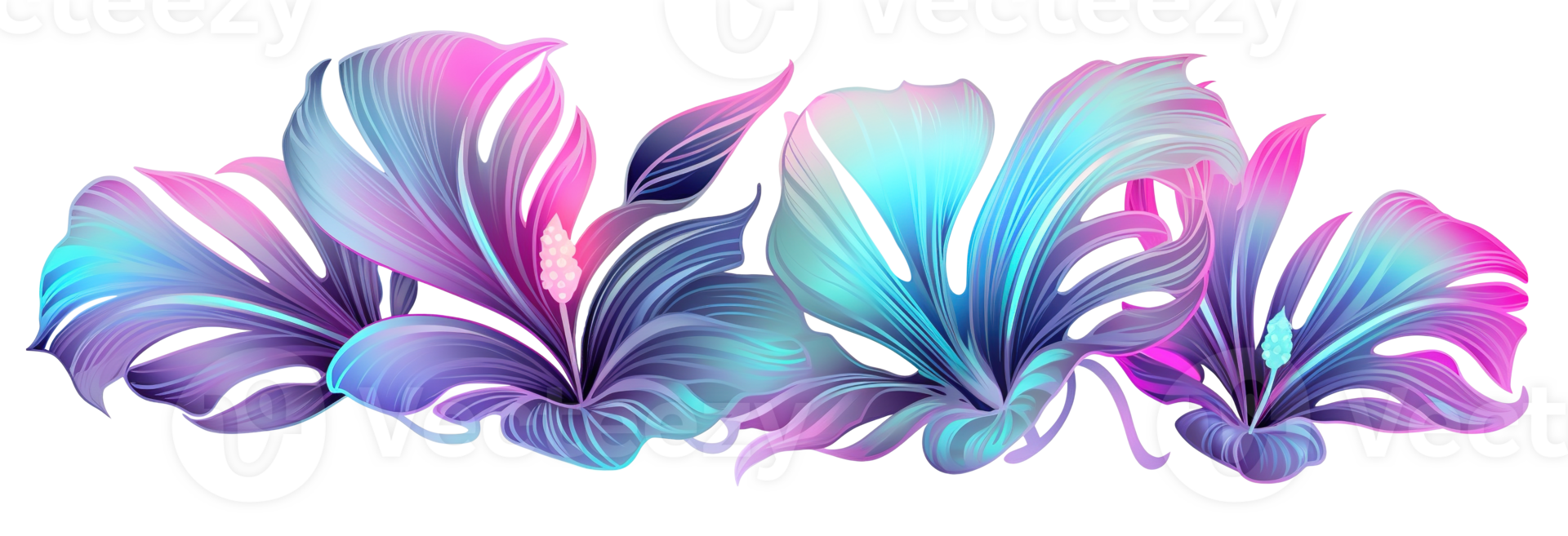 Holographic tropical flowers, arranged in one line, on transparent background. Vibrant, iridescent color. Divider, separating graphic design element. Can be used as footer or header. png