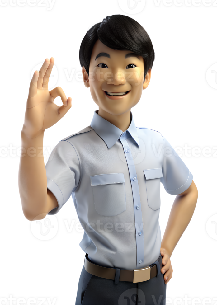 3d style illustration of an asian man with dark hair and wearing a short-sleeved, light blue shirt is making an ok sign. He has a smile on his face. isolated on transparent background. png