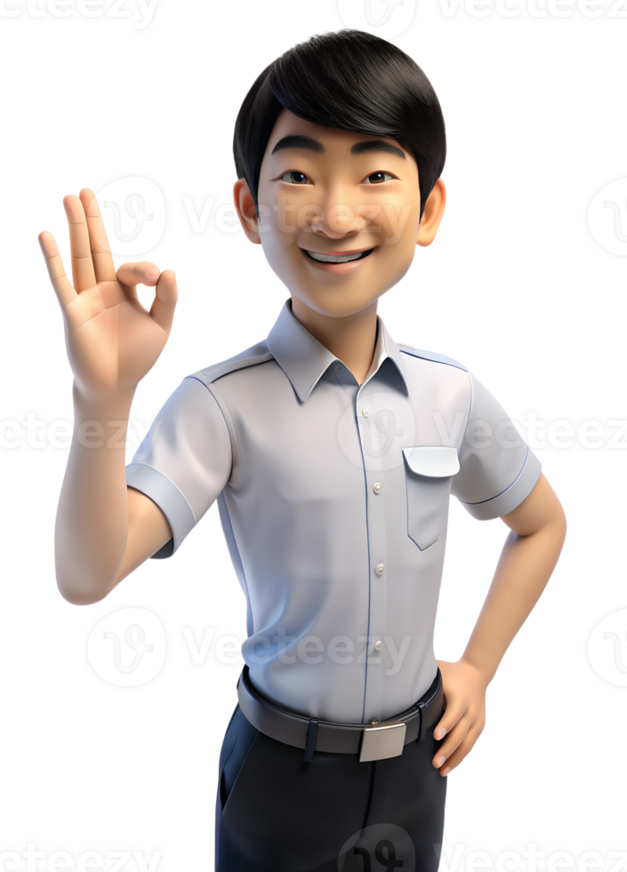 3d style illustration of an asian man with dark hair and wearing a short-sleeved, light blue shirt is making an ok sign. He has a smile on his face. isolated on transparent background. png