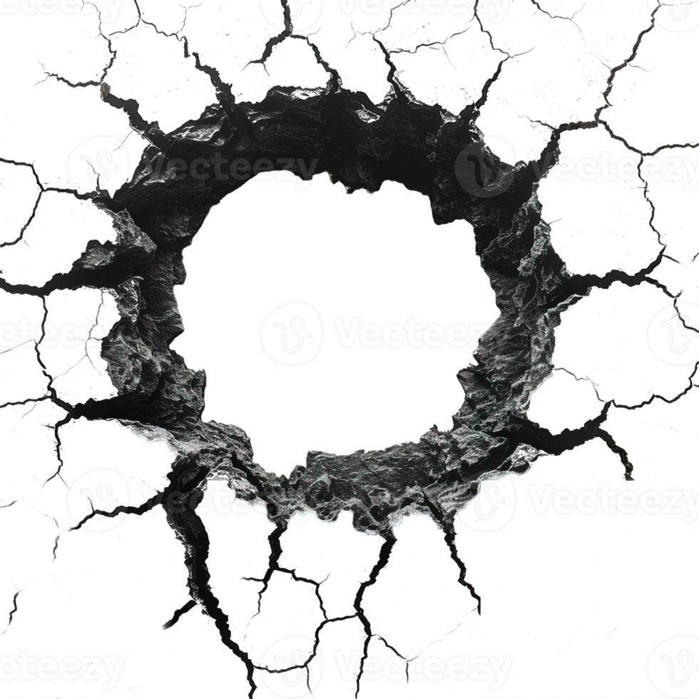 earth hole with cracks isolated on transparent background , top view black soil hole , png