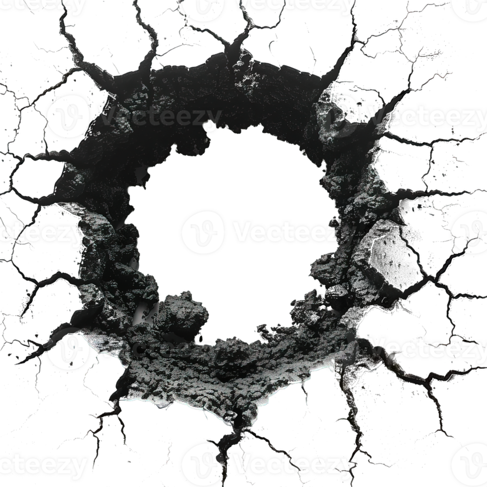 earth hole with cracks isolated on transparent background , top view black soil hole , png