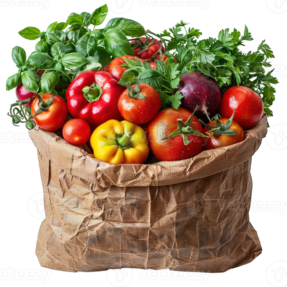 collection of vegetables in a paper bag isolated on transparent background , png