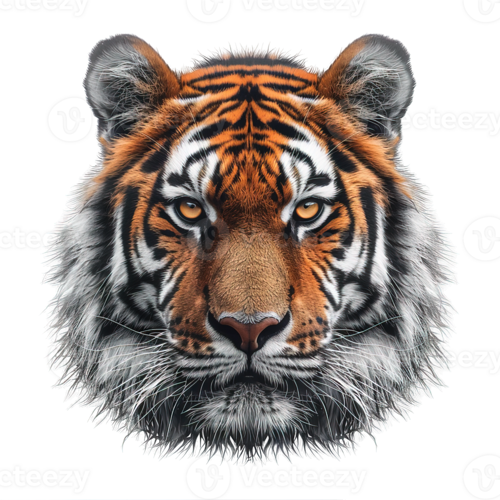 front view tiger head isolated on transparent background ,tiger face , png