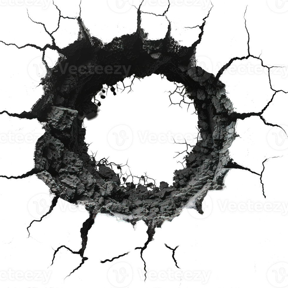 earth hole with cracks isolated on transparent background , top view black soil hole , png