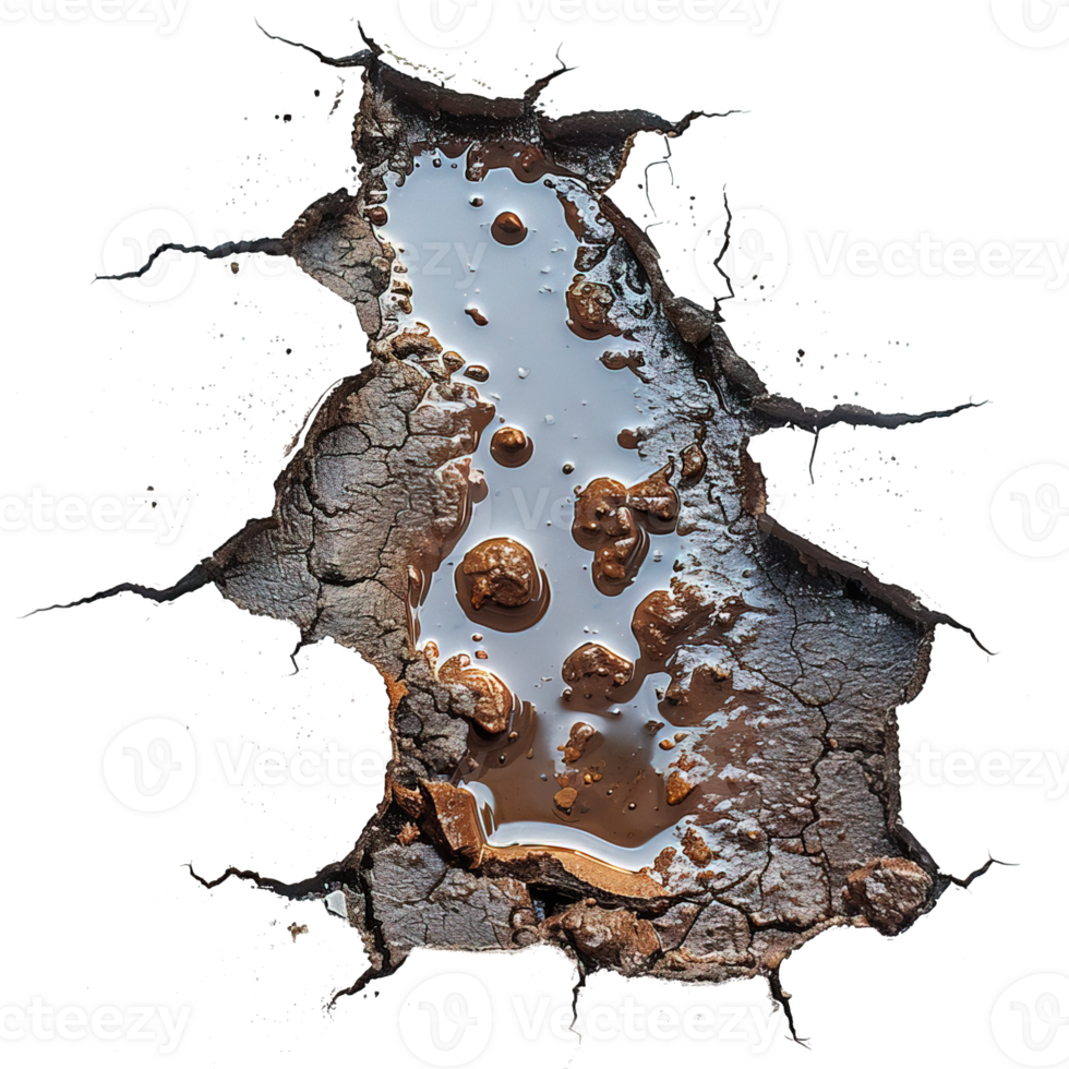 top view muddy puddle hole isolated on transparent background ,puddle hole with cracks , png